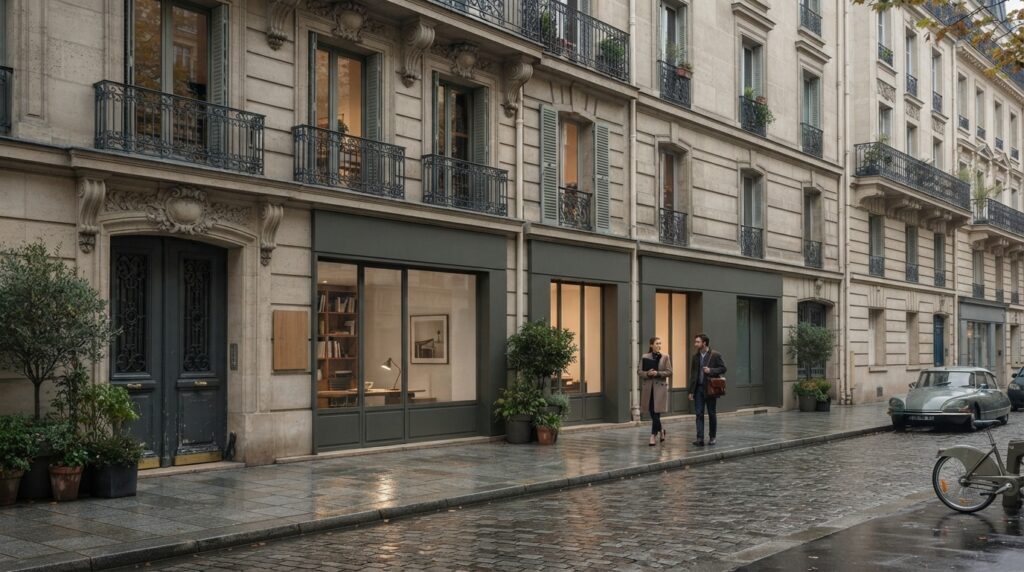 Illustration d'une rue urbaine avec commerces et bureaux, représentant la valeur commerciale pour les professions libérales