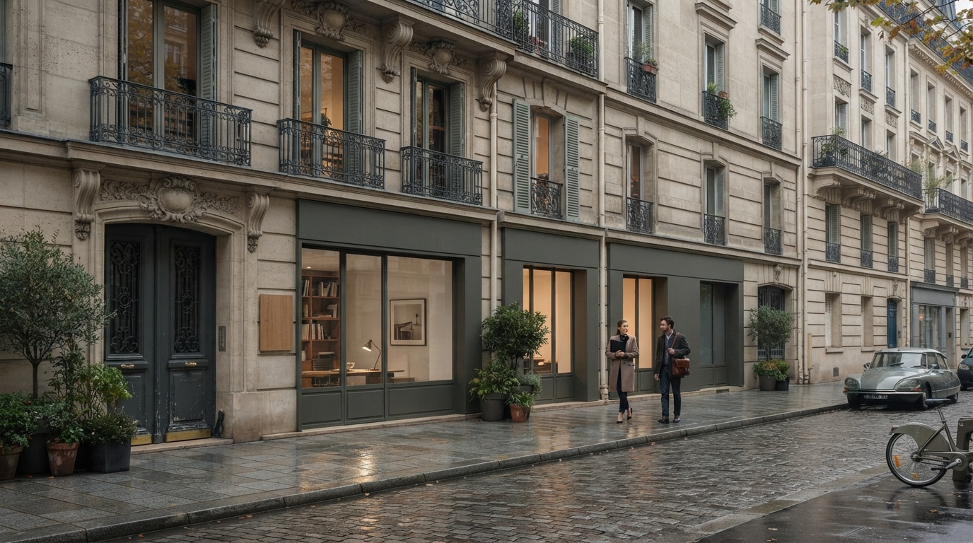 Illustration d'une rue urbaine avec commerces et bureaux, représentant la valeur commerciale pour les professions libérales